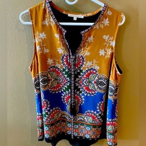 Sleeveless top, rich colors print with tie detail